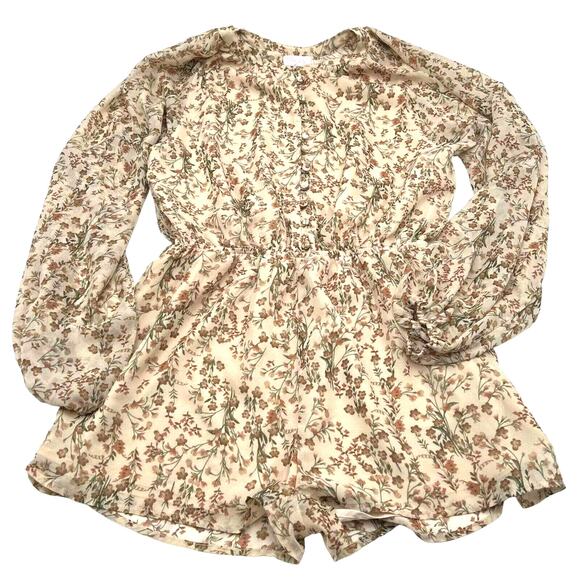 PINK LILY Size Small Brown Cream Floral Short Romper Jumpsuit Dress Boho Cottage - Picture 1 of 8
